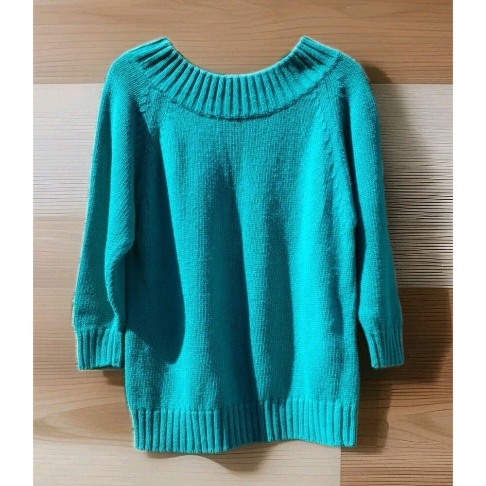 Vtg EXPRESS Cableknit Sweater Large / 3 Teal Green Heavy Long Tunic Boatneck